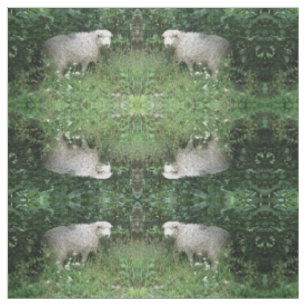 Cute White Fluffy Sheep Eating Patterned Animal Fabric