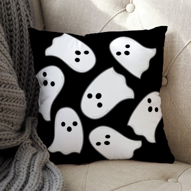 Cute White Flying Ghost Pattern Black Halloween Cushion (Creator Uploaded)