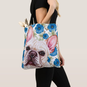 Cute White French Bulldog on Blue Flower Pattern Tote Bag