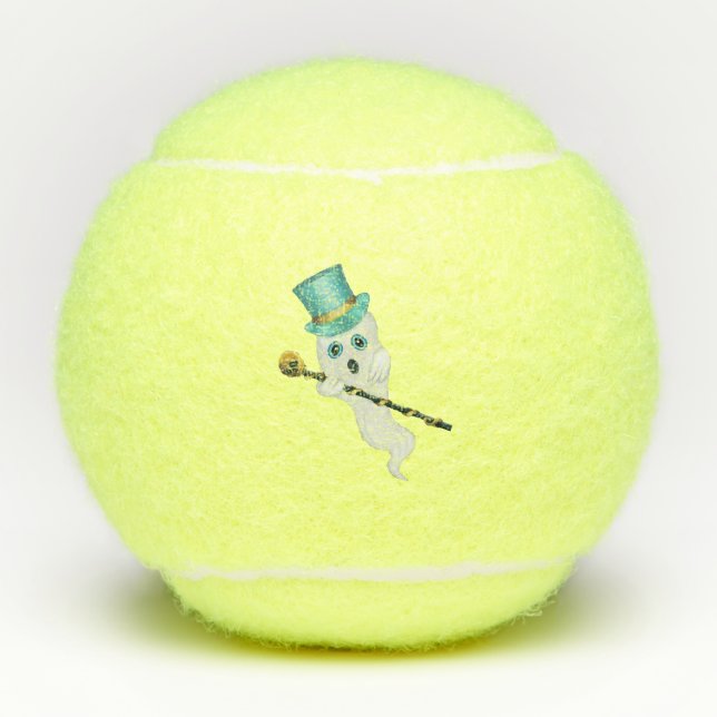 Cute White Ghost Blue Eyes Top Hat Skull Cane Tennis Balls (Front)