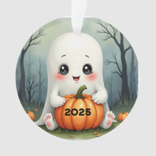 Cute White Ghost Holding Pumpkin Ornament