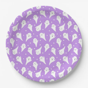 Cute White Ghost Silhouette - Purple Halloween Paper Plate