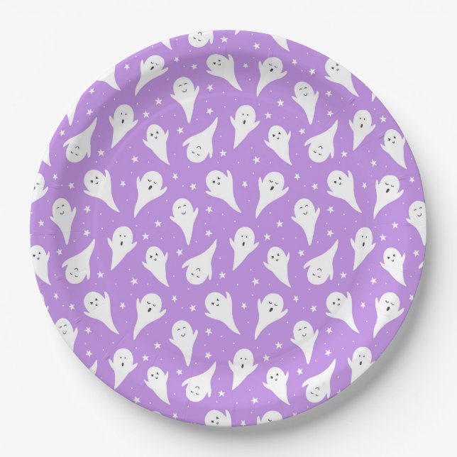 Cute White Ghost Silhouette - Purple Halloween  Paper Plate (Front)