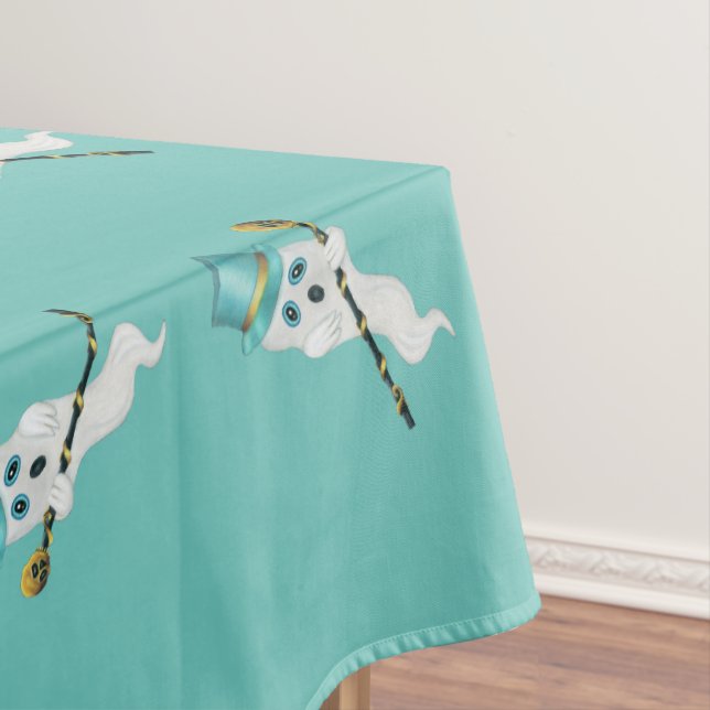 Cute White Ghosts Aqua Top Hats Black Canes Skulls Tablecloth (In Situ)