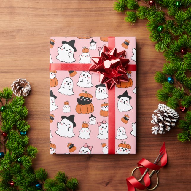Cute White Ghosts Pattern Pink Halloween  Wrapping Paper (Holiday Gift)