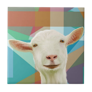 Cute White Goat Colourful Geometric Background Tile