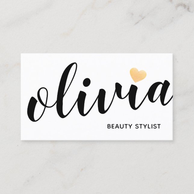 Cute White Gold Heart Calligraphy Beauty Stylist Business Card (Front)