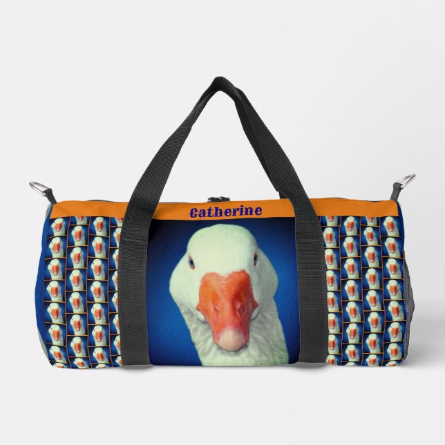 Cute White Goose Face Personalised Duffle Bag (Front)