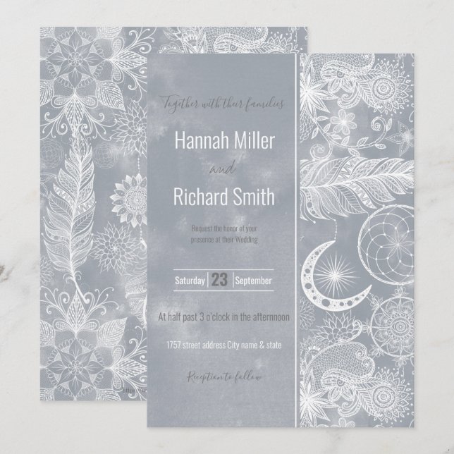 Cute White & Grey Dreamcatcher Feathers Mandala Invitation (Front/Back)
