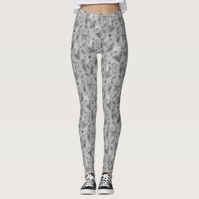 Cute white grey floral background design leggings (Front)
