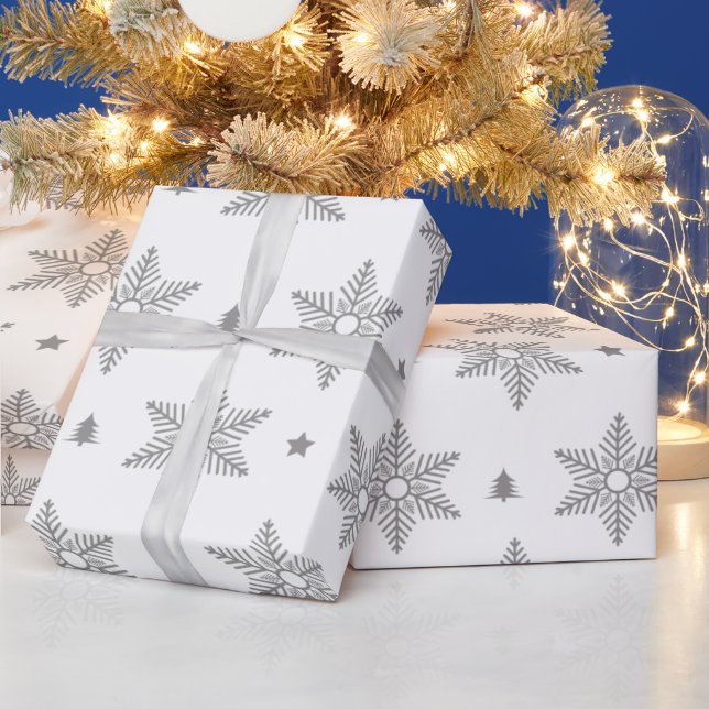 Cute White Grey Snowflakes Christmas Pattern     Wrapping Paper (Holidays)