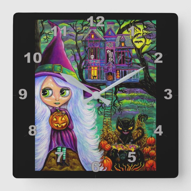 Cute White Hair Witch Haunted Tree House Black Cat Square Wall Clock (Front)