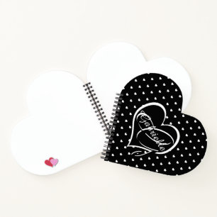 Cute White Hearts on Black Heart Name Monogram Notebook