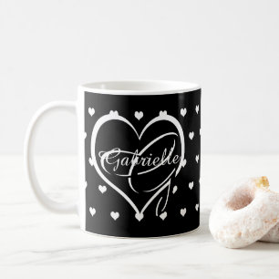 Cute White Hearts on Black Name Monogram Coffee Mug