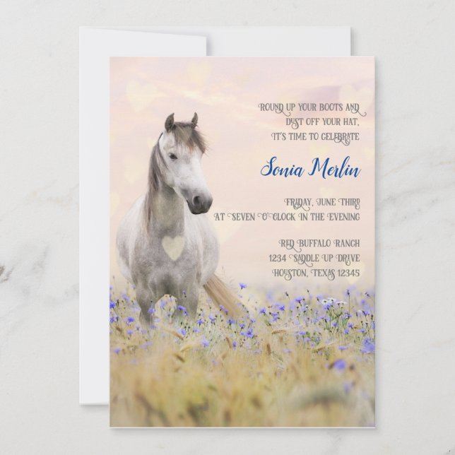Cute White Horse Purple Flower Feminine Chic Invitation (Front)