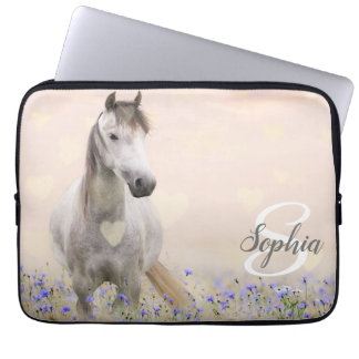 Cute White Horse Purple Flower Monogram Laptop Sleeve