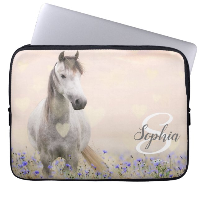Cute White Horse Purple Flower Monogram Laptop Sleeve (Front)