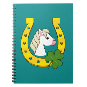 Cute White Horse w Golden Horse Shoe, Shamrock Notebook
