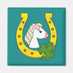 Cute White Horse w Golden Horse Shoe, Shamrocks Magnet