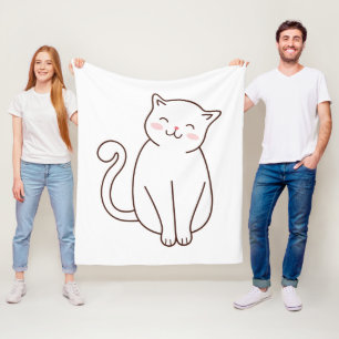 Cute White Kawaii Smiling Cat Fleece Blanket