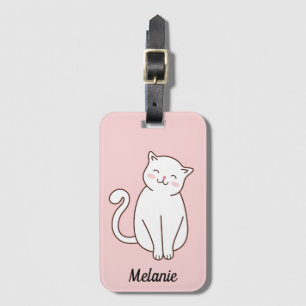 Cute White Kawaii Smiling Cat Pink Personalised Luggage Tag