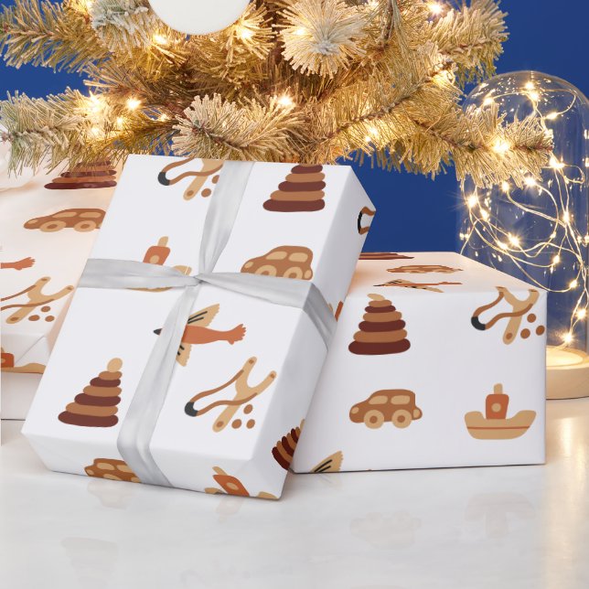 Cute White Kids Toy Car Plane Boat Wrapping Paper (Holidays)