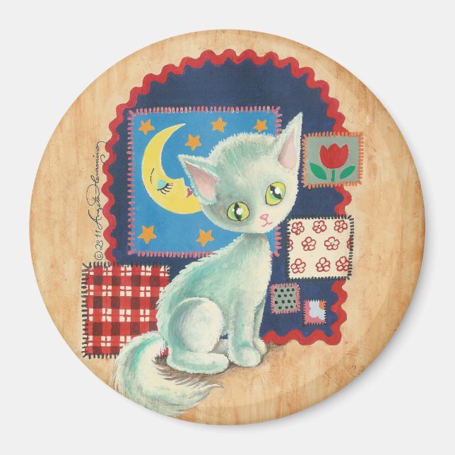 Cute White Kitten and Quilt Patchwork Art Magnet (Front)