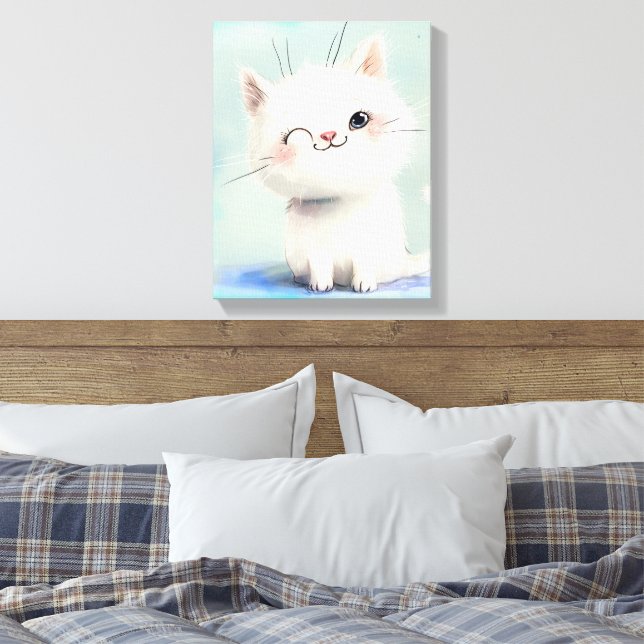 Cute White Kitten Canvas Print (Insitu(Bedroom))