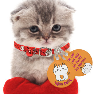 Cute White Kitten Cartoon Kawaii Orange Pink Pet Tag