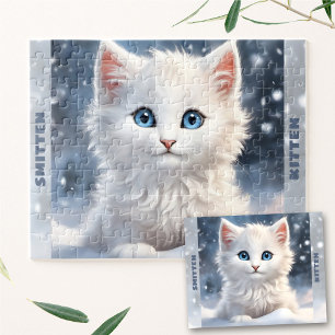 Cute White Kitten Cat Winter Snow Custom Name Jigsaw Puzzle