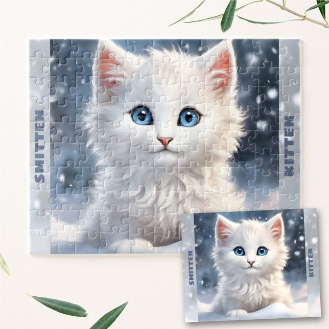 Cute White Kitten Cat Winter Snow Custom Name Jigsaw Puzzle (Cute White Kitten Cat Winter Snow Custom Name Jigsaw Puzzle)