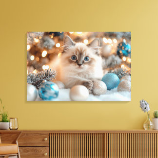 Cute White Kitten Celebrating Christmas Canvas Print