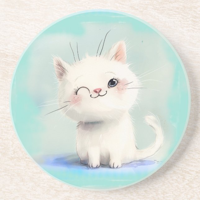 Cute White Kitten Coaster (Front)