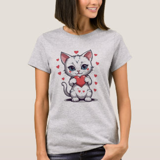 Cute White Kitten Holding Red Heart T-Shirt