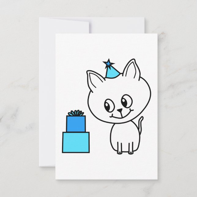 Cute White Kitten in a Blue Birthday Hat. Invitation (Front)