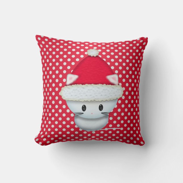 Cute White Kitten in Santa Hat Red Polka Dot Cushion (Front)