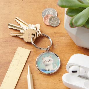Cute White Kitten Key Ring