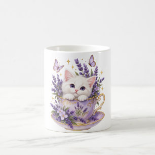 Cute White Kitten Lavender Teacup Cat Lover Mug