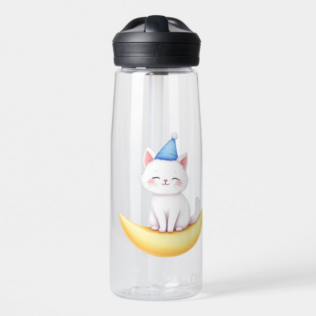 Cute White Kitten on Moon Water Bottle (Front)