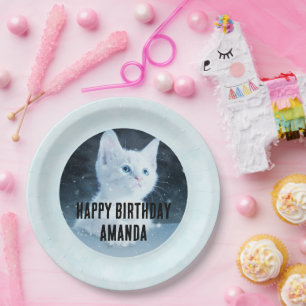 Cute White Kitten Photo on Birthday Paper Plate