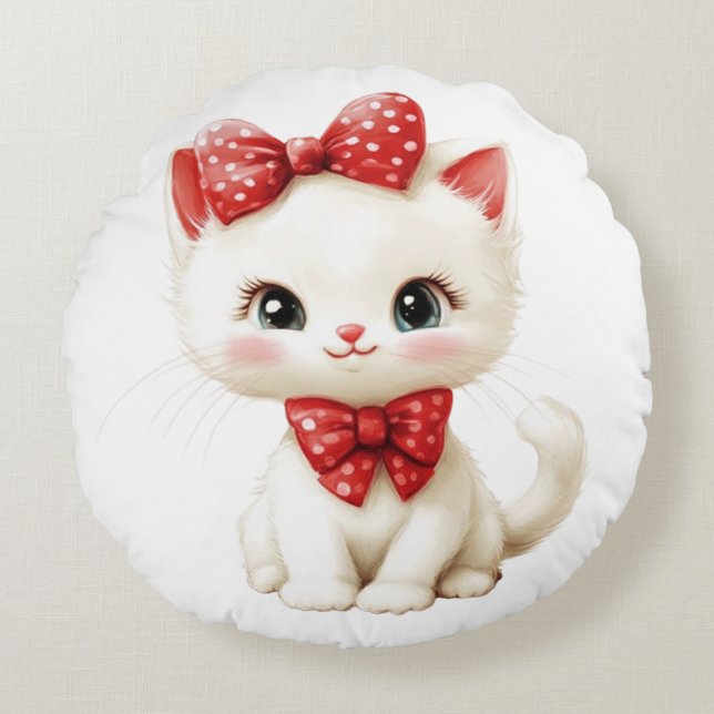 Cute White Kitten Pillow with Red Polka Dot Bows  (Front)