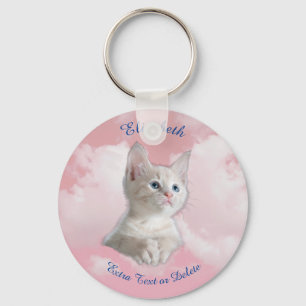 Cute White Kitten Pink Sky, Blue Name & Extra Text Key Ring