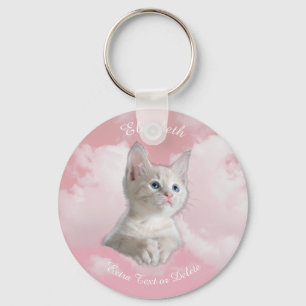 Cute White Kitten Pink Sky Clouds Name, Extra Text Key Ring