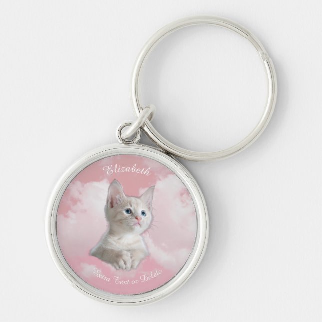 Cute White Kitten Pink Sky Clouds Name, Extra Text Key Ring (Front)
