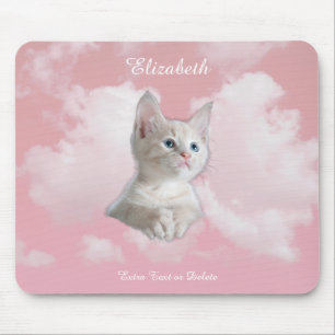 Cute White Kitten Pink Sky Clouds Name, Extra Text Mouse Mat