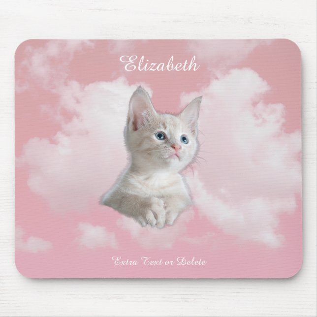 Cute White Kitten Pink Sky Clouds Name, Extra Text Mouse Mat (Front)