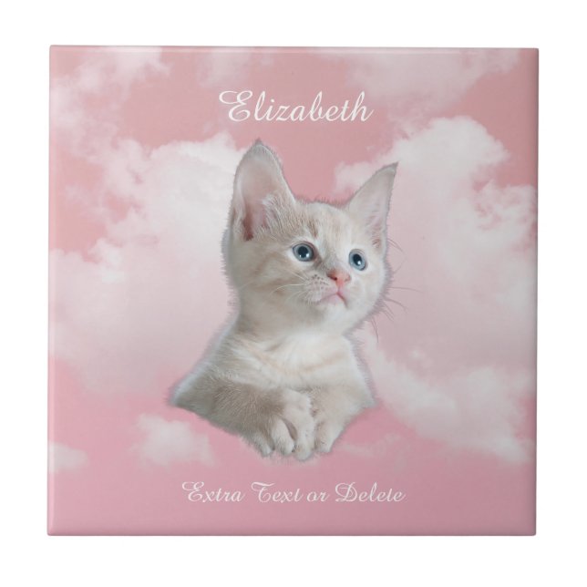 Cute White Kitten Pink Sky Clouds Name, Extra Text Tile (Front)