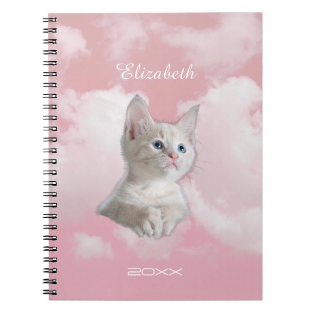 Cute White Kitten Pink Sky Clouds Name Year Notebook (Front)