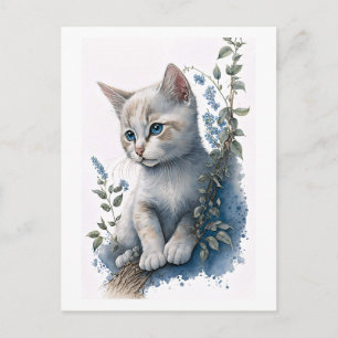 Cute White Kitten Postcard with Floral Detail