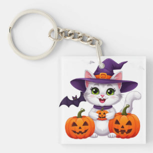 Cute White Kitten Pumpkin Halloween Witch Hat 🎃 Key Ring